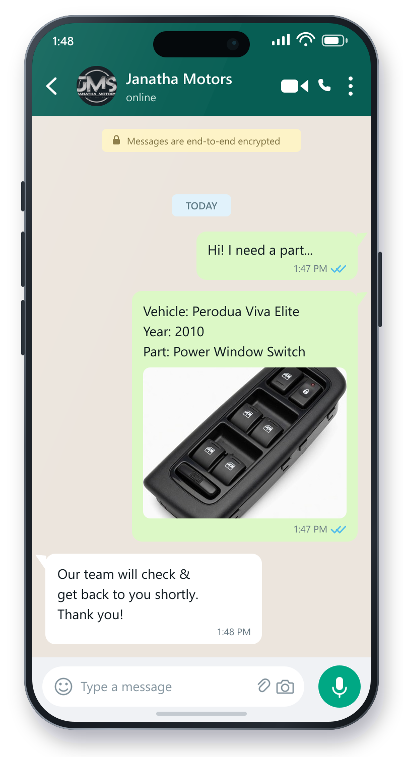 A phone showing a WhatsApp enquiry to Janatha Motors — vehicle, year and the part needed — answered by the team.